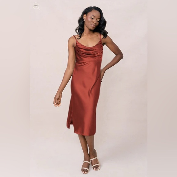 Revelry Skye Terracotta Rust Cowl Neck Midi Satin Dress Sz 4 - Picture 1 of 12